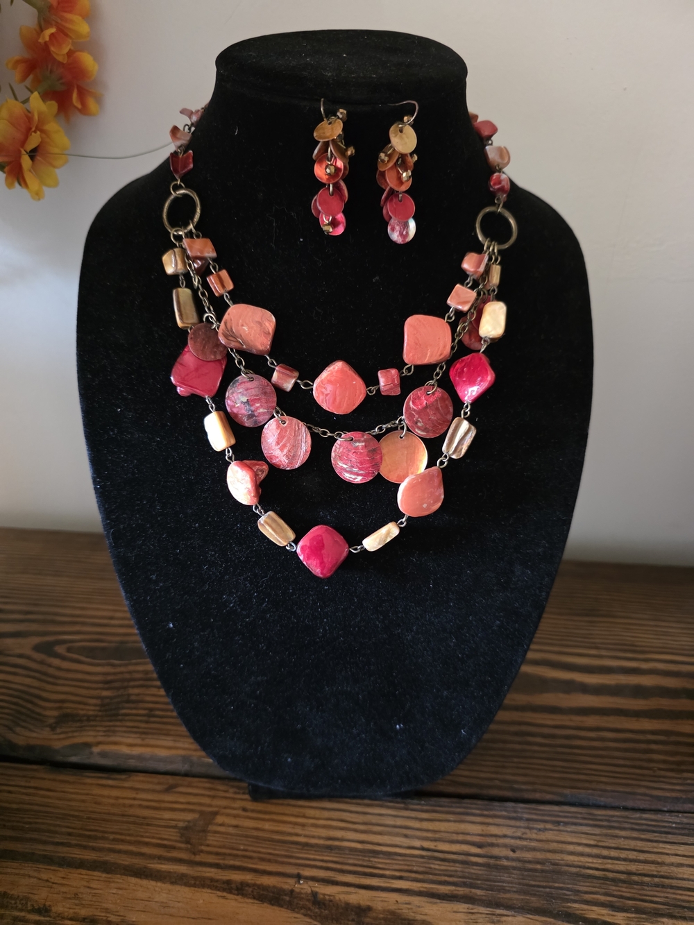 Hand Made Three-Strand Pink & Coral Shell Bead Necklace with Matching Earrings